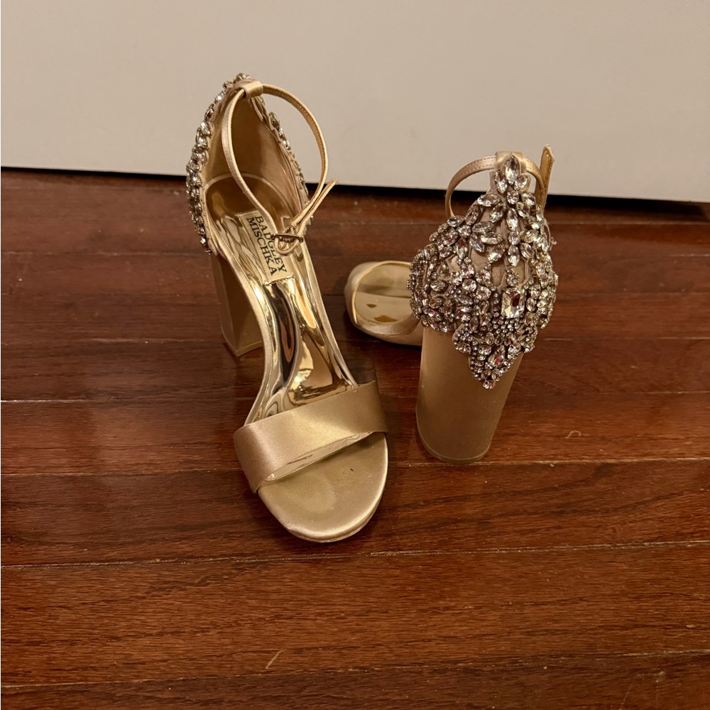 Badgley Mischka Gold Crystal Embellished Block Heels